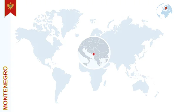 Mapa do mundo azul com ampliação em Montenegro . — Vetor de Stock