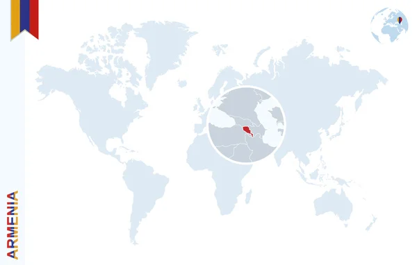 Mapa del mundo azul con magnificación en Armenia . — Vector de stock