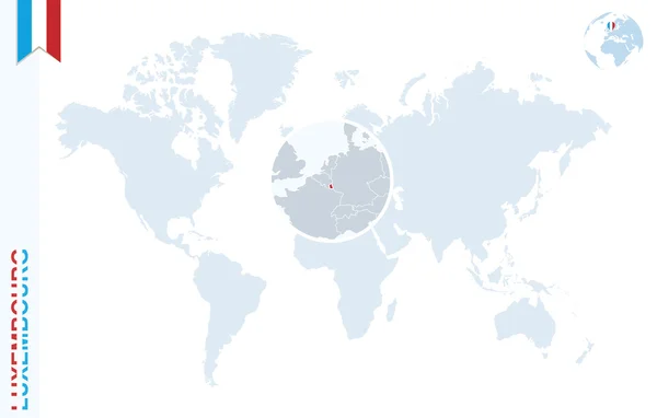 Modrý svět mapa s lupy na Lucembursko. — Stockový vektor