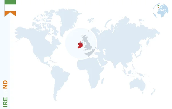 Mapa do mundo azul com ampliação na Irlanda . —  Vetores de Stock