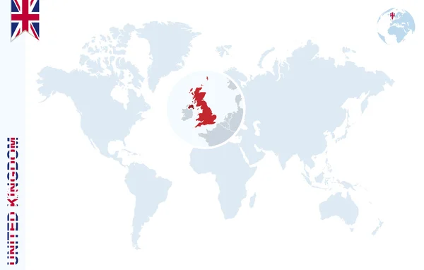 Mapa świata niebieski z powiększającym na Wielka Brytania. — Wektor stockowy