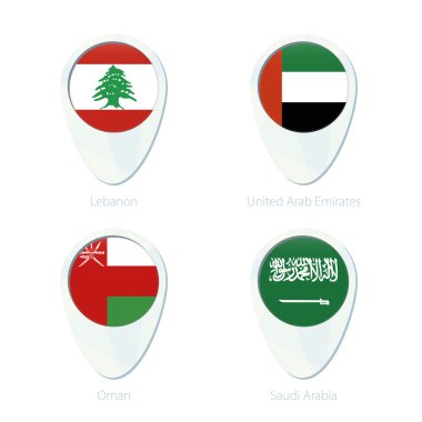 Lübnan, Birleşik Arap Emirlikleri, Umman, Suudi Arabistan bayrağı konumu harita PIN simgesi.