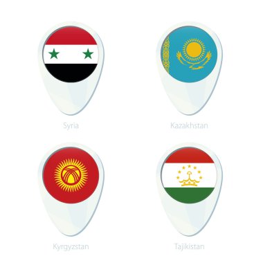 Suriye, Kazakistan, Kırgızistan, Tacikistan bayrağı konumu harita PIN simgesi.