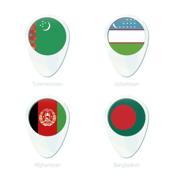 Turkménistan, Ouzbékistan, Afghanistan, Bangladesh drapeau carte localisation pin icône . — Image vectorielle