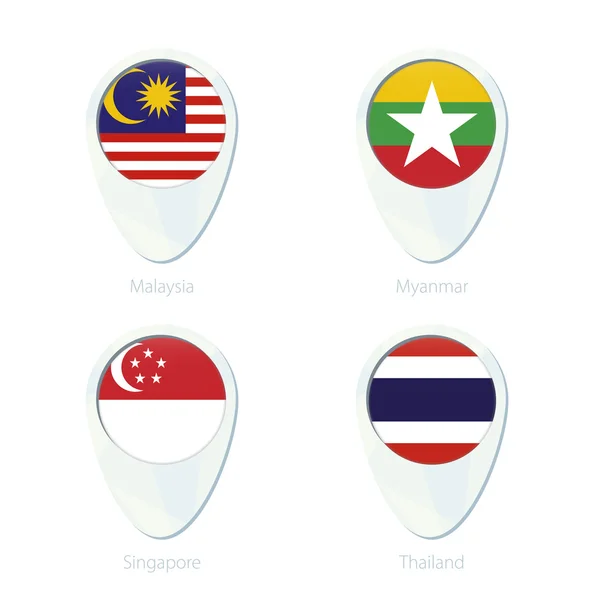 Maleisië, Myanmar, Singapore, Thailand vlag locatie kaart pin ico — Stockvector