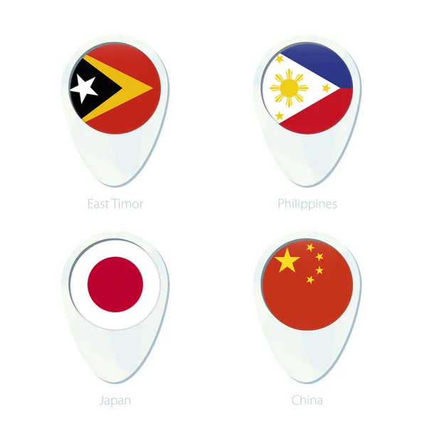 Timor Oriental, Filipinas, Japón, China bandera ubicación mapa pin icono — Archivo Imágenes Vectoriales