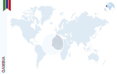 Gambiya üzerinde büyüteç ile mavi Dünya Haritası.