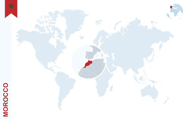 Modrý svět mapa s lupy na Maroko. — Stockový vektor