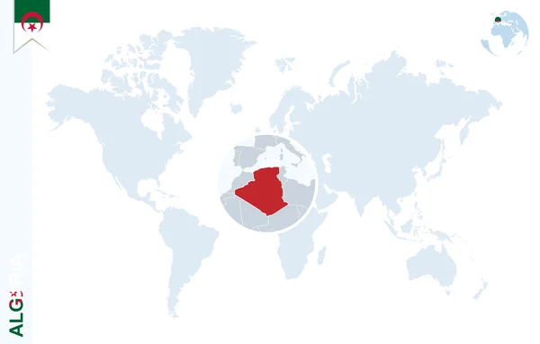 Blå Världskarta med förstoringsglas på Algeriet. — Stock vektor