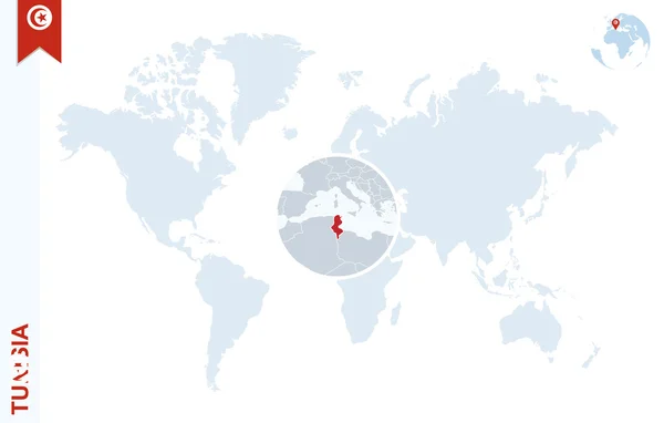 Modrý svět mapa s lupy na Tunisko. — Stockový vektor