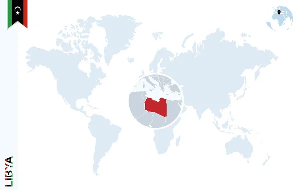 Mapa del mundo azul con magnificación en Libia . — Vector de stock