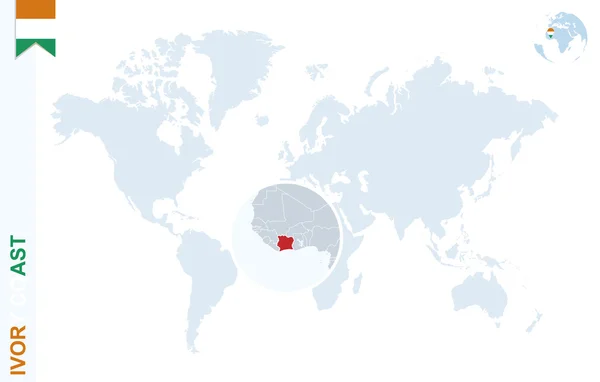 Mapa del mundo azul con magnificación en Costa de Marfil . — Vector de stock