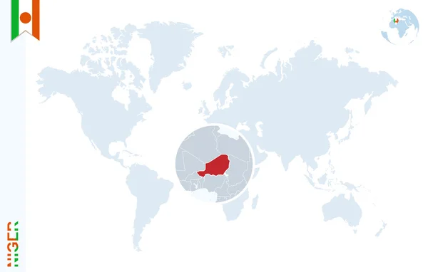 Modrý svět mapa s lupy na Niger. — Stockový vektor