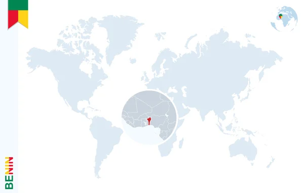 Mapa del mundo azul con magnificación en Benín . — Vector de stock