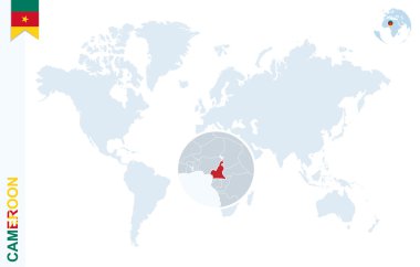 Kamerun hakkında büyüteç ile mavi Dünya Haritası.
