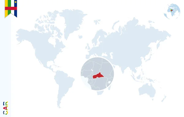 Modrý svět mapa s lupy na Středoafrická republika. — Stockový vektor