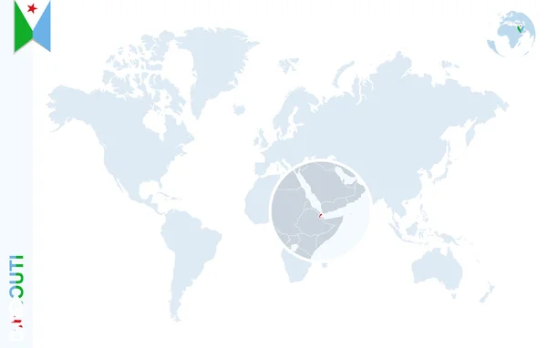 Mapa del mundo azul con magnificación en Yibuti . — Vector de stock