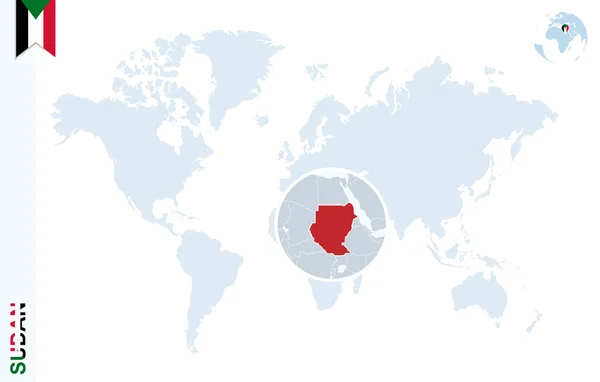 Carte du monde bleue avec loupe sur Soudan . — Image vectorielle