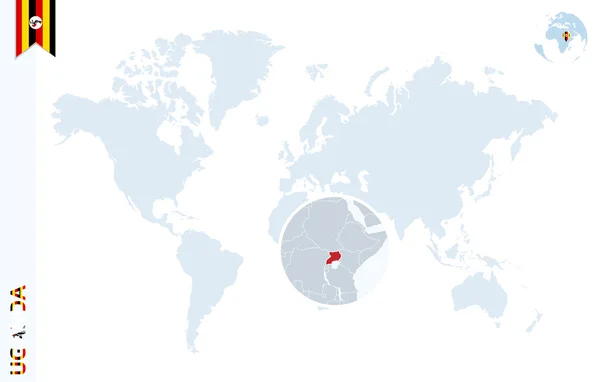 Голубая карта мира с лупой на Уганде . — стоковый вектор