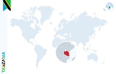 Tanzanya üzerinde büyüteç ile mavi Dünya Haritası.
