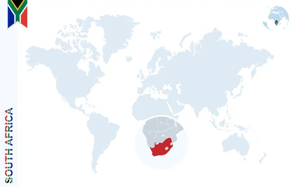 Mappa del mondo blu con ingrandimento sul Sudafrica . — Vettoriale Stock