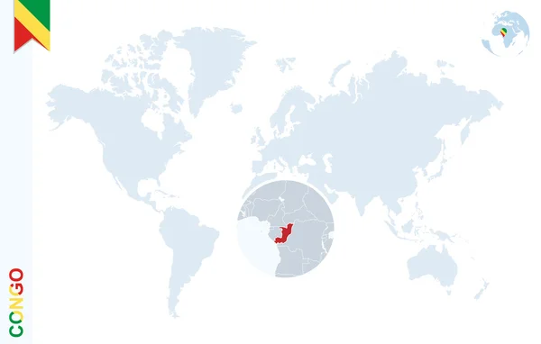 Синяя карта мира с увеличением на Конго . — стоковый вектор