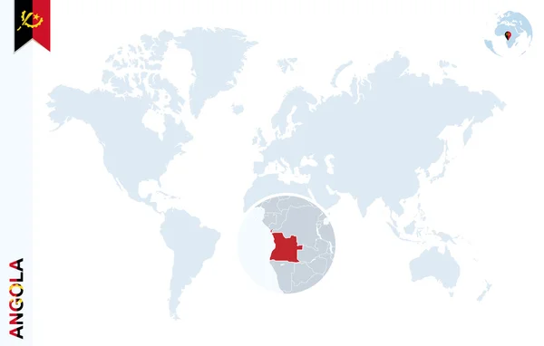 Carte du monde bleue avec loupe sur l'Angola . — Image vectorielle