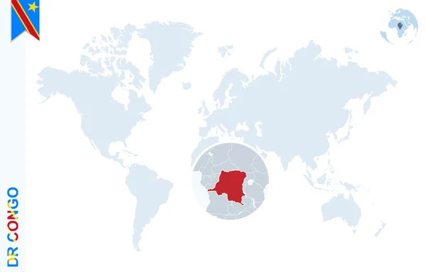 Mapa del mundo azul con magnificación en la República Democrática de la Con — Vector de stock