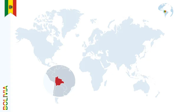 Mappa del mondo blu con ingrandimento sulla Bolivia . — Vettoriale Stock