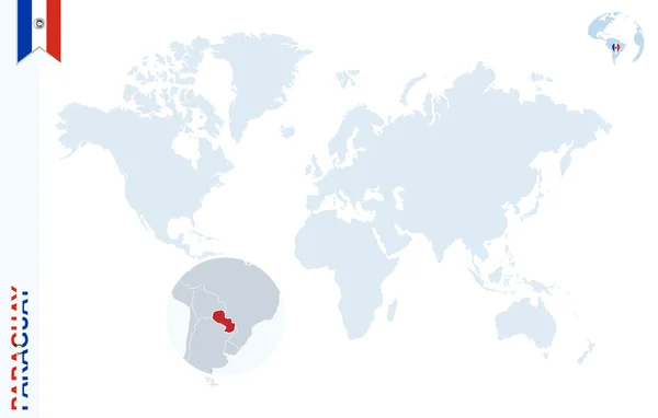 Paraguay büyüteç ile mavi Dünya Haritası. — Stok Vektör