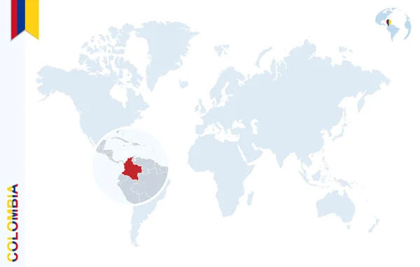 Blå Världskarta med förstoringsglas om Colombia. — Stock vektor