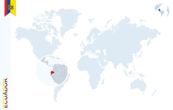 Blauwe wereldkaart met vergrootglas over Ecuador. — Stockvector