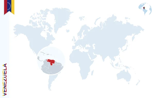Kék világ Térkép-val a Venezuela nagyító. — Stock Vector