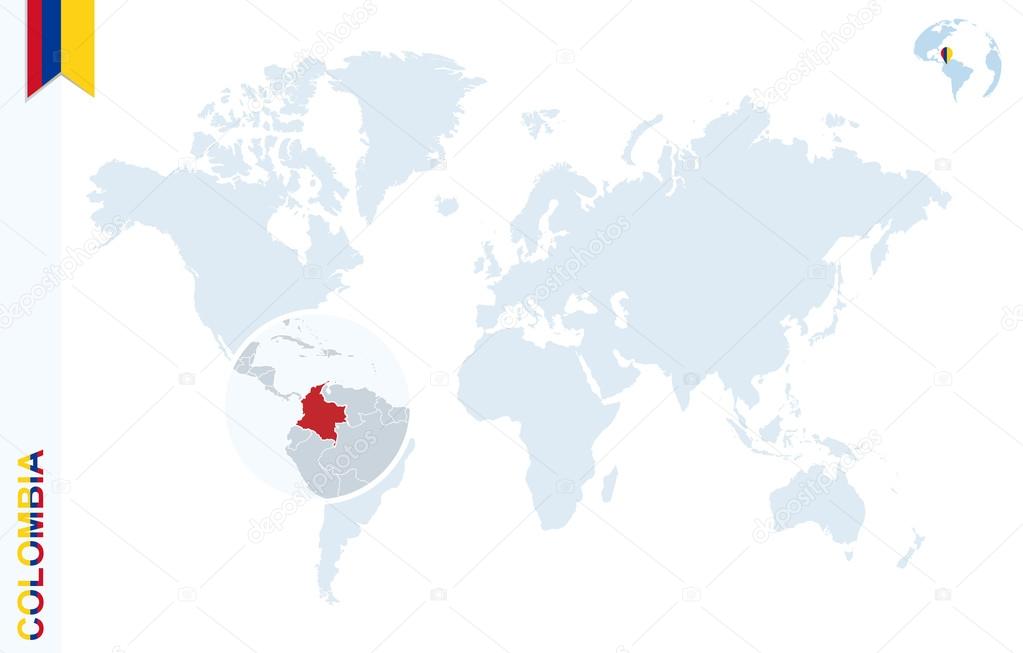 Carte Du Monde Bleu Avec Loupe Sur La Colombie Image