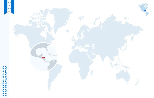 Mapa do mundo azul com ampliação em Honduras . —  Vetores de Stock