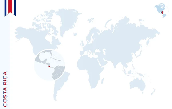 Modrý svět mapa s lupy na Kostarice. — Stockový vektor