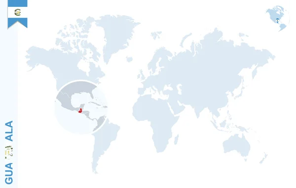 Mappa del mondo blu con ingrandimento su Guatemala . — Vettoriale Stock