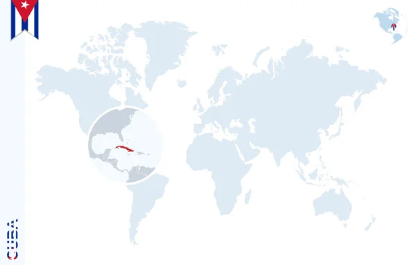 Küba üzerinde büyüteç ile mavi Dünya Haritası. — Stok Vektör