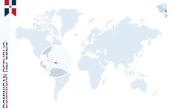 Modrý svět mapa se zvětšovacím Dominikánská republika. — Stockový vektor