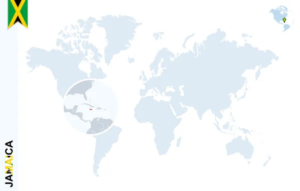 Blå Världskarta med förstoringsglas på Jamaica. — Stock vektor