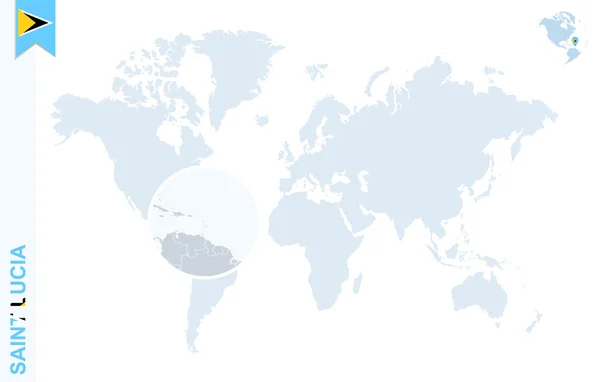 Mapa do mundo azul com ampliação em Santa Lúcia . — Vetor de Stock