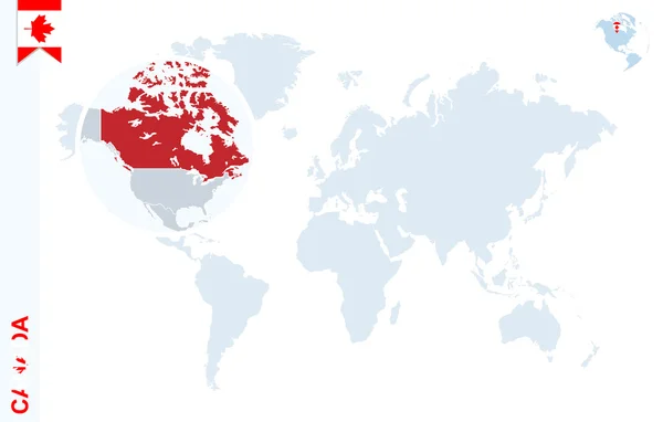 Blauwe wereldkaart met vergroting op Canada. — Stockvector