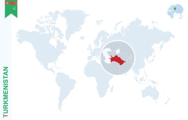 Türkmenistan üzerinde büyüteç ile mavi Dünya Haritası.