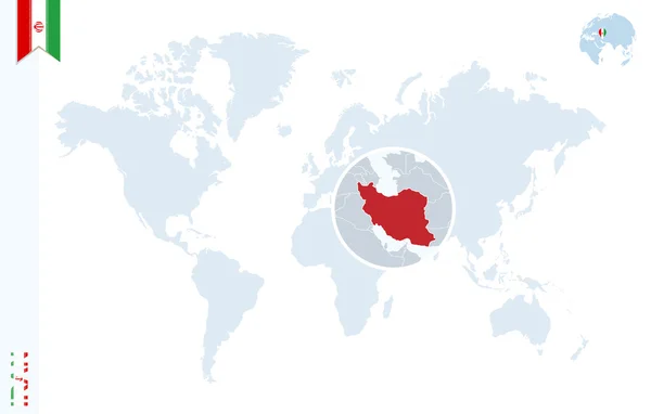 Mapa do mundo azul com ampliação no Irã . — Vetor de Stock