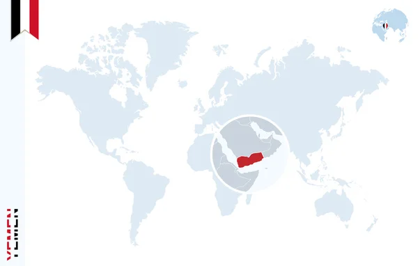 Синяя карта мира с увеличением на Йемен . — стоковый вектор