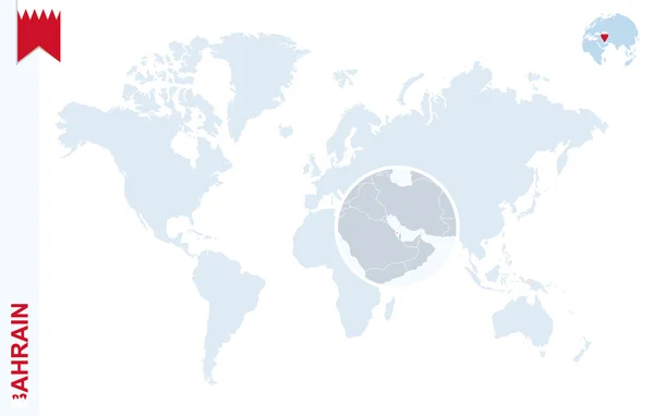 Blauwe wereldkaart met vergroting op Bahrein (Bahrain). — Stockvector