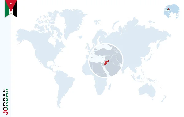 Mapa świata niebieski z powiększającym Jordan. — Wektor stockowy