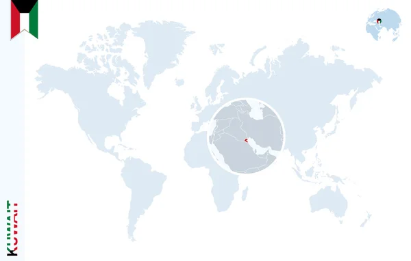 Синяя карта мира с увеличением на Кувейте . — стоковый вектор