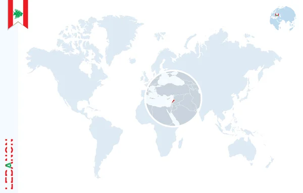 Mapa do mundo azul com ampliação no Líbano . — Vetor de Stock