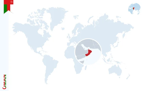 Голубая карта мира с лупой на Омане . — стоковый вектор